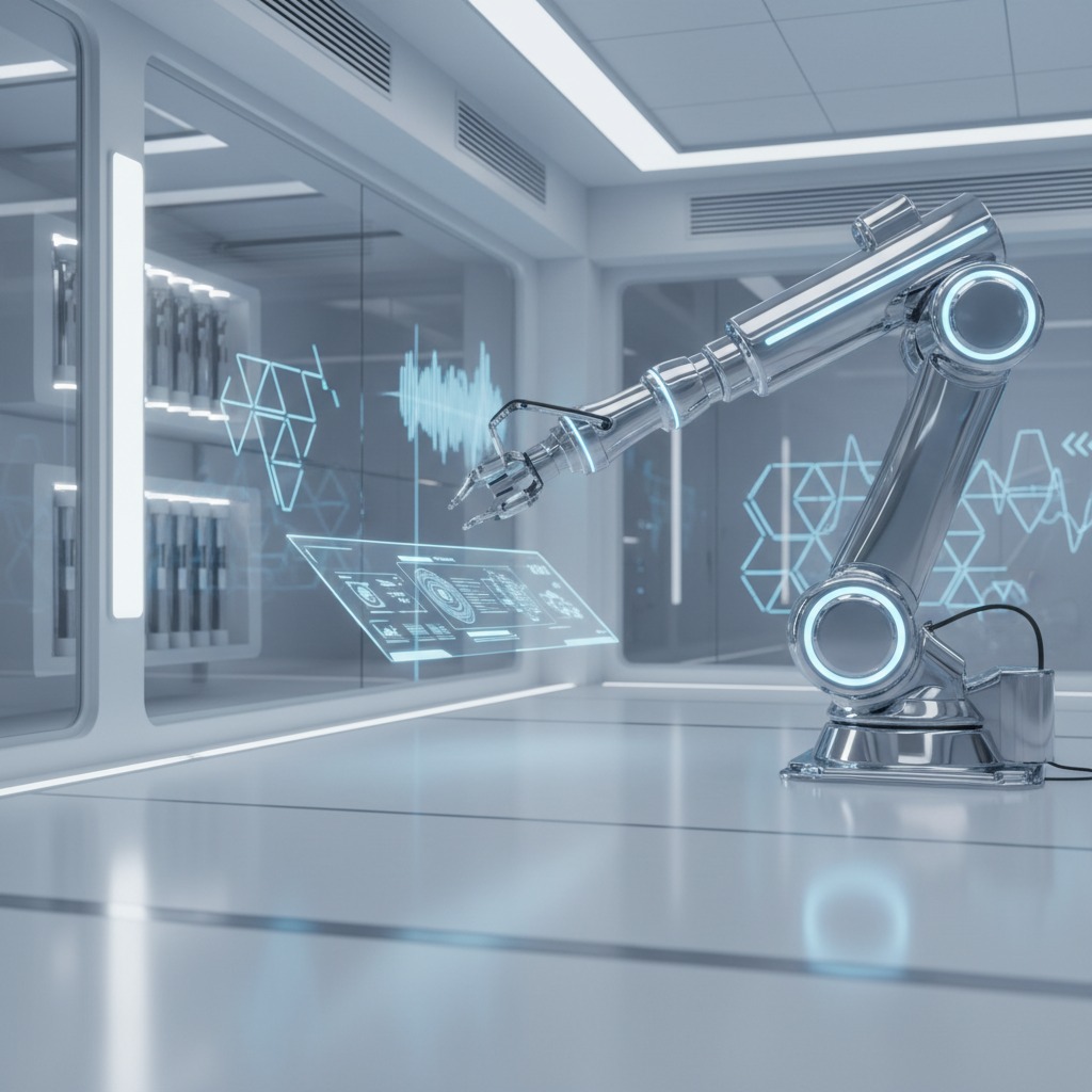 A robotic arm interacts with a holographic digital interface in a modern, sterile laboratory setting.